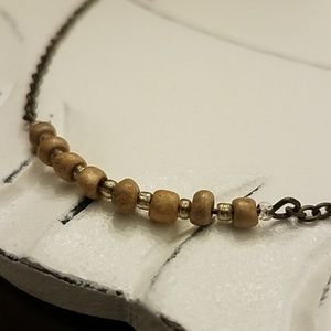 Light Wood Beaded Antique Brass Bar Necklace